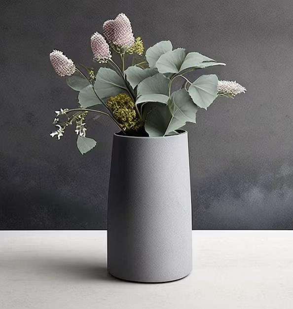 Detalje af interiør med vase og blomster mod en grå væg